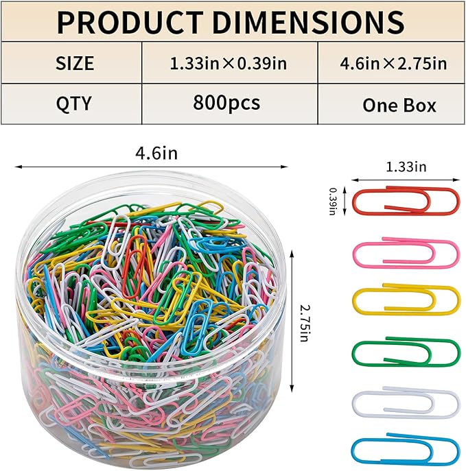 800 PCS Colored Paper Clips (800, Colorful)， Durable and Rustproof, Great for Office School Organizing (Multicolored, 1.3 inch)