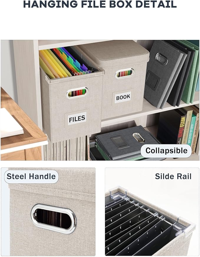 File Organizer With Lid, Hanging Filing Box With Mesh Pocket, Document Organizer for Letter Files, Portable Storage With Smooth Sliding Rail for Office & Home (2 PCS, Beige)