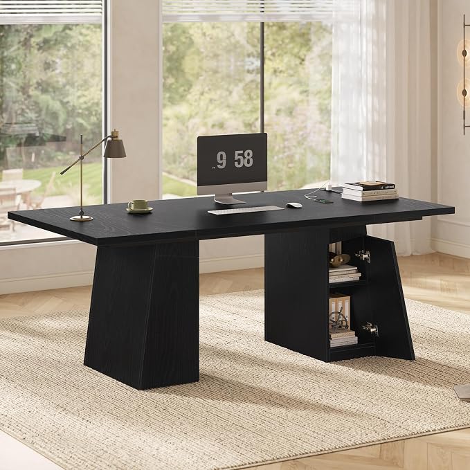 63 in Executive Desk with Power Outlets, Modern Home Office Desk with Storage Cabinet, Wood Computer Desk Business Workstation Desk Conference Table Black