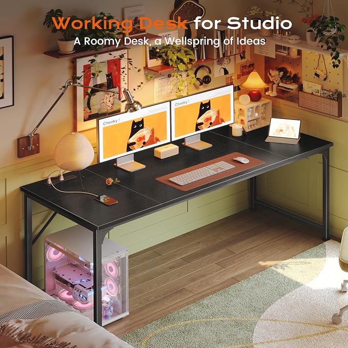 63 X 30 Inch Extra Deep Desk with Power Outlets | Long Computer Desk for Bedroom, Office Desk for Work from Home, Writing Study Gaming Table, Stable Metal Frame, Black