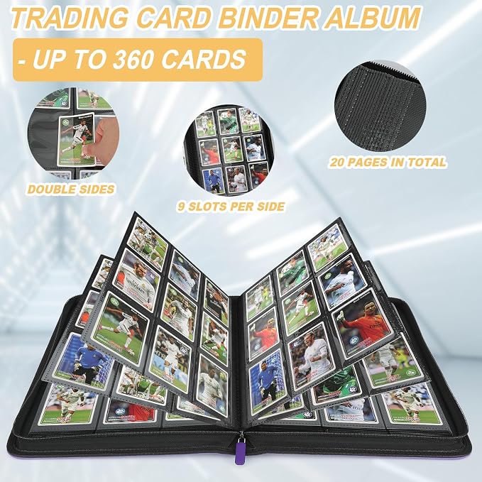 360 Cards Ringless 9-Pocket Side Loading Trading Card Binder, PU Zipper Fixed Page Card Album for TCG Sports Cards, Not Fit Top Loaders (Purple)