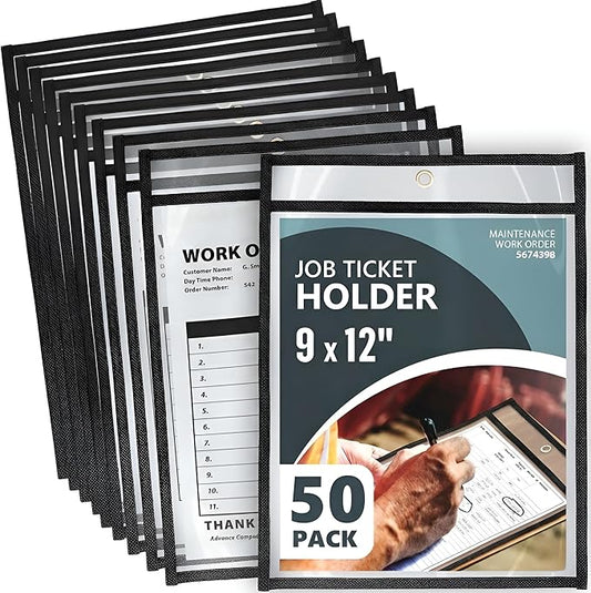 50 Pack Job Ticket Holders 9x12 Heavy Duty - Automotive Work Order Plastic Sleeves - Clear Shop Ticket Holders - Repair Order Sleeves - Plastic Sleeve for Paper - Dry Erase Pockets - Work Order Folder