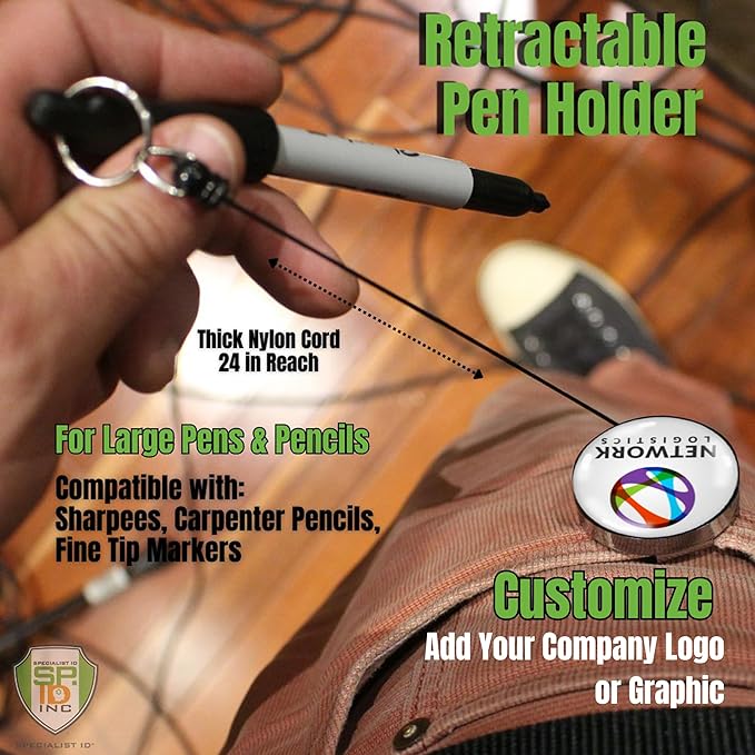 Specialist ID 5 Pack Custom Logo Retractable Pen Reel with Dome Label - Heavy Duty Personalized Marker & Pencil Holder with Metal Belt Clip for Construction, Industrial Work Gear Branding