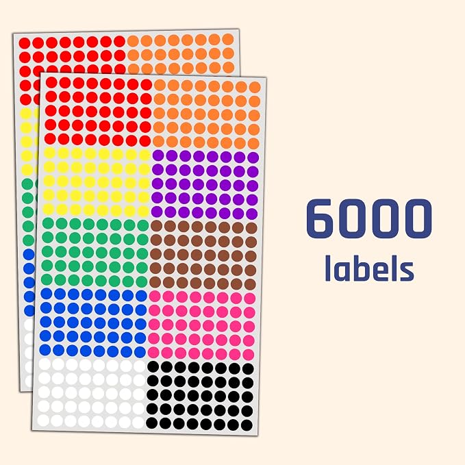 6000 Pack - 1/4" Small Colored Dot Stickers Round Labels, 10 Colors