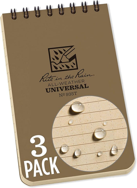 Rite in the Rain Weatherproof Top Spiral Notebooks, 3" x 5", Tan Cover, 3 Pack (No. 935T-3X)