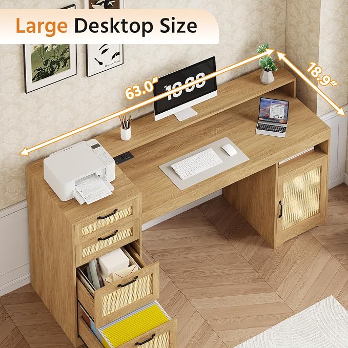 63" Rattan Computer Desk with 4 Drawers for Home Office, Bedroom | Executive Desk with Printer Stand, Monitor Stand, Home Office Desks with Power Outlets, Storage Shelves, Oak, Boho Desk