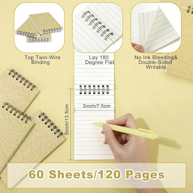 Tenceur 18 Pcs Pocket Notebook Small 3x5 Inch Glitter Gold Top Spiral Notepads Bound Notebook with Lined 120 Pages Mini Memo Pads for Office College Nurse Essentials Back to School Gift