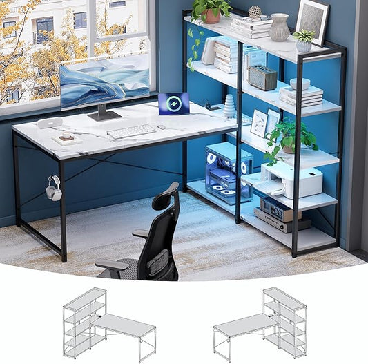 Pamray L Shaped Computer Desk with Reversible Side Storage Shelves, 49 Inch Gaming Desk with Power Outlets and Led Lights, PC Table for Home Office and Bedroom Marble