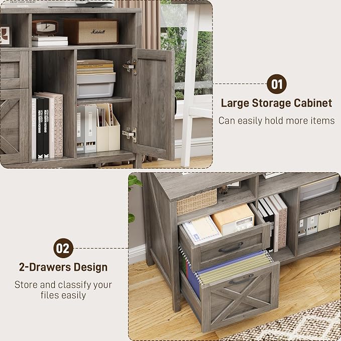Befrases Farmhouse File Cabinet with Doors, Lateral Filing Cabinet with 2 Drawers for Letter/A4 Size Hanging Files, Large Wooden Printer Stand with Open Shelf for Home Office, Rustic Grey