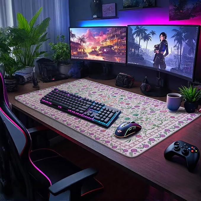 Purple Floral Desk Mat Large Mouse Pad 31.5"x15.7" Anti-Slip | Extended Mousepad, Non-Slip Rubber Base , Stitched Edges, for Computer/Laptop/Office/Home