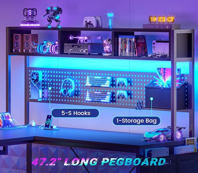 SEDETA 67" L Shaped Gaming Desk with Pegboard LED Lights and Power Outlet | Reversible Computer Desk with Keyboard Tray Hutch and Stoage Bag for Home Office, Black