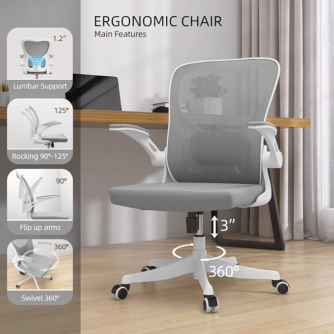 Monhey Ergonomic Office Chair, 90°-125° Tilt Back Home Desk Chair with 360° Swivel & Mute Wheels, High Back Mesh Computer Chair for Adults with Lumbar Support, 330 LBS Capacity (01White+Gray)