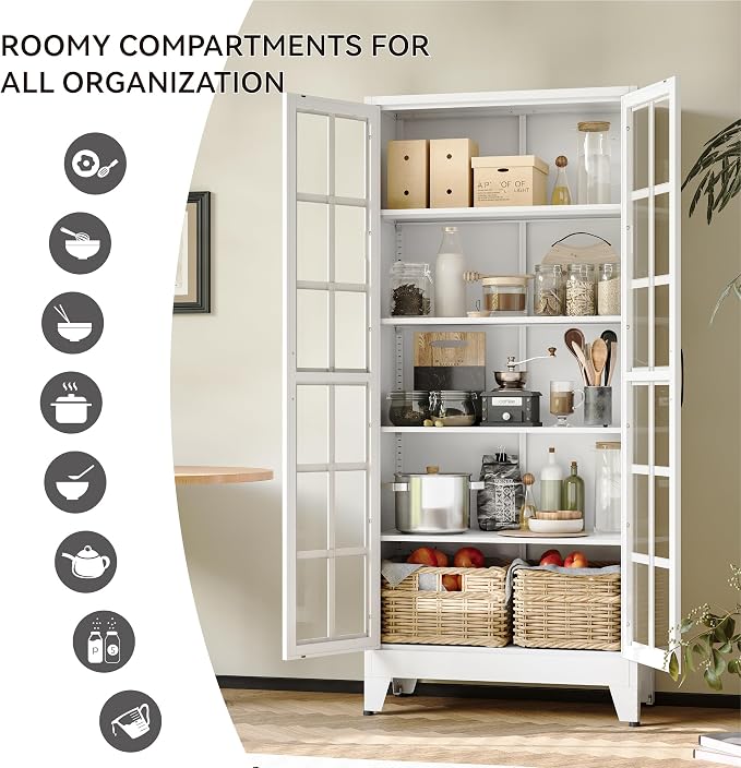COFaR 71" White Glass Door Display Cabinet for Kitchen and Dining Room | 5-tier pantry and display cabinet with glass doors and 4 adjustable shelves for kitchen, dining room, living room or office.
