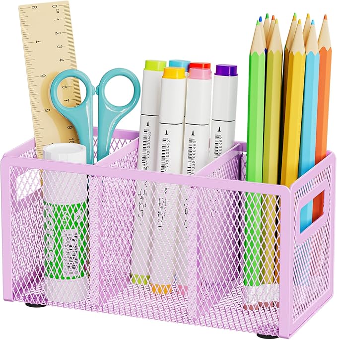 Marbrasse Mesh Pen Holder for Desk, Pencil Holder Desk Organizer 3 Adjustable Compartments, Pencil Cup with Handle Perfect for Classroom, Office, Home, Makeup, Art (Purple)
