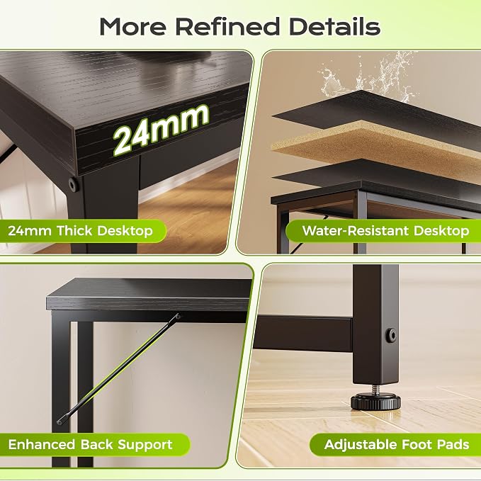 53" L Shaped Computer Desk, Power Outlets, Monitor Stand, Black | USB-C Ports, Reversible Charging Station, Spacious Desktop & Legroom, 0.94 Inch Thick Desktop, for Gaming, Study & Work