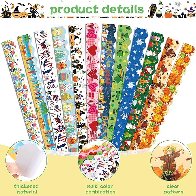 Geyee 12 Rolls 394 ft Holiday Bulletin Board Borders Seasonal Bulletin Board Decorations Easter Summer Trim for School Classroom Wall Decor