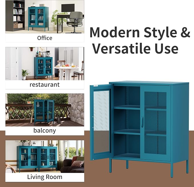 Washsemba Metal Storage Cabinet with Mesh Doors,Steel Display Cabinet with Adjustable Shelves,Metal Office Storage Locker for Home Office,Garage(Blue, 40''H)