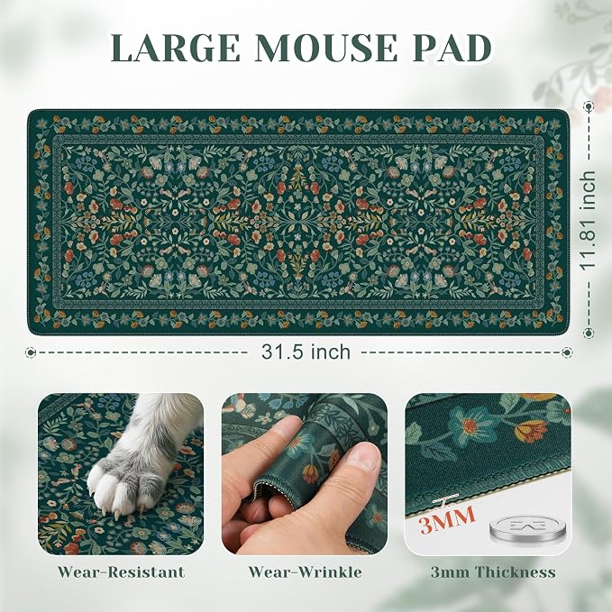 iCasso Aesthetic Floral Desk Mat,Retro Mouse Pads,31.5x11.8in,Deep Green | Anti-Slip Mousepad with Stitched Edges, Waterproof Computer Pad, Desk Accessories Office Decor for Women
