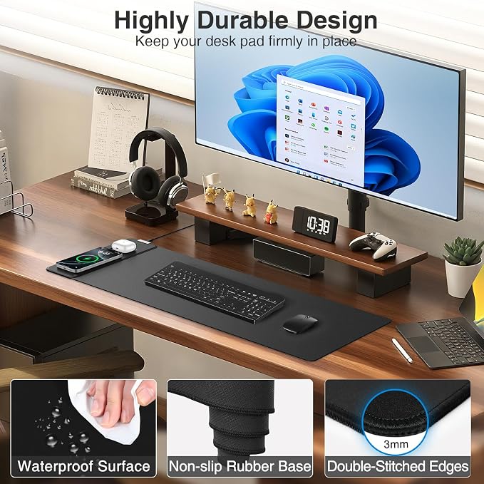 Magnetic Wireless Charging Mouse Pad, 27.5"x11.8", with 20W Adapter, Black | Gaming Desk Mat with Superior Stitched Edges, Non-Slip Base, Waterproof Smooth Desk Writing Pad for Gamer, Office & Home