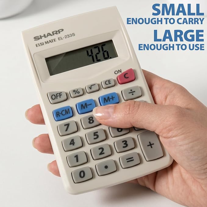 Sharp 8-Digit Battery-Powered Pocket-Size Calculator, Standard Function Wallet Calculator with LCD Display, Fits in Purses, Pockets & Workbags, 4 x 2.4-Inches, White (EL233SB)