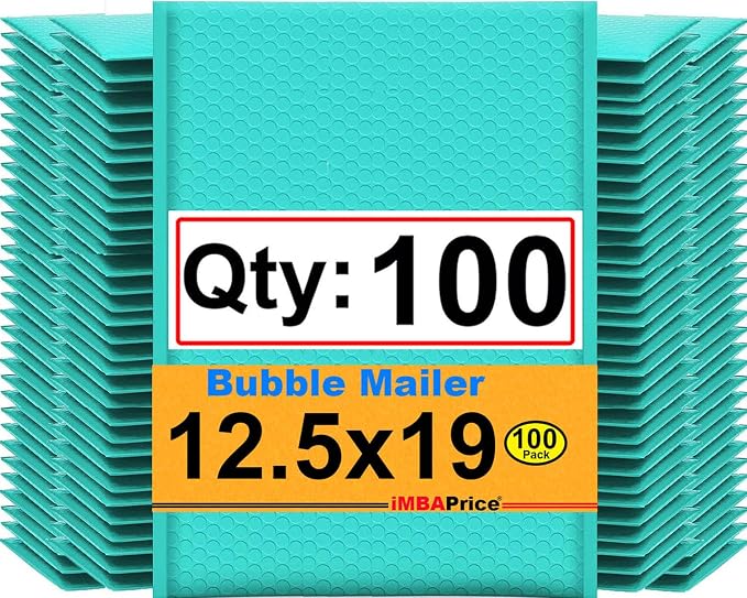 iMBAPrice 100-Pack #6 (12.5" x 19") Premium Hot Teal Color Self Seal Poly Bubble Mailers Padded Shipping Envelopes (Total 100 Bags)