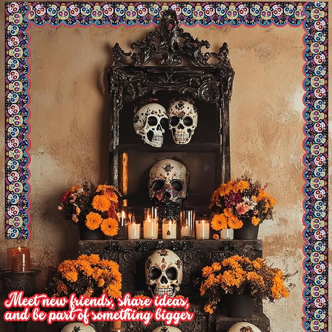 32.8 Ft Day of The Dead Bulletin Board Borders Skull Wavy Trim | Vibrant Skull Patterns with Wildflowers, Scalloped for Classroom Bulletin Boards and Fiesta Decor