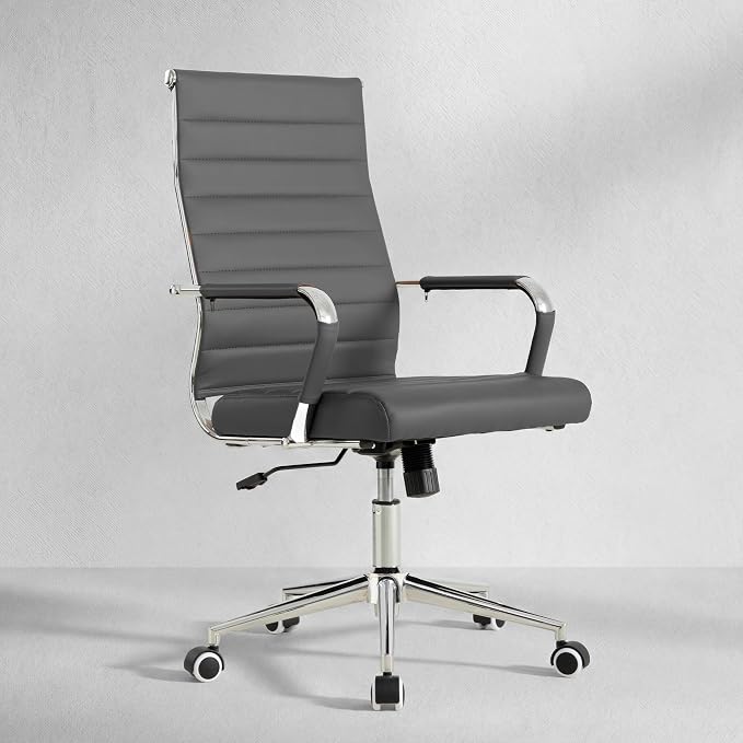 Okeysen Office Desk Chair, Ergonomic Leather Modern Conference Room Chairs, Executive Ribbed Height Adjustable Swivel Rolling Chair for Home Office Set of 1. (Grey)