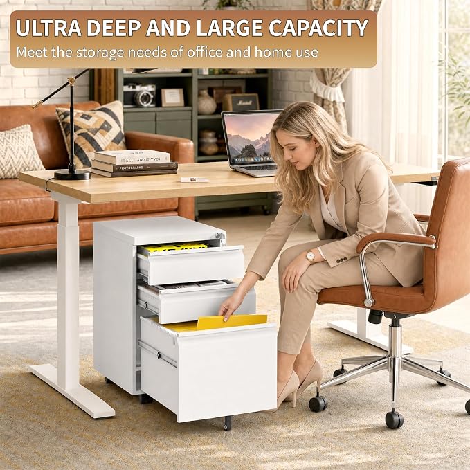 3 Drawer Small Under Desk Rolling File Cabinet with Lock for Home Office | Fully Assembled,Central Locking System,Metal,Pencil Tray,Hanging File Bar,Anti-Tipping Caster