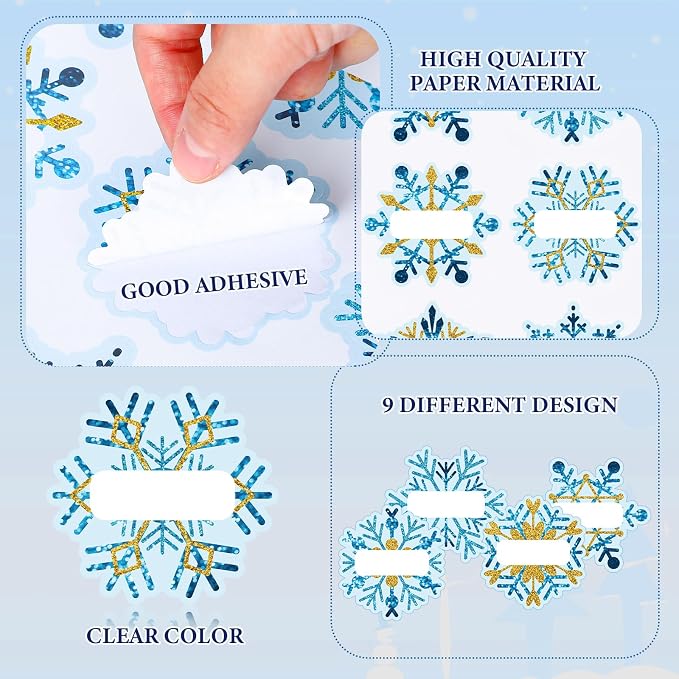 Whaline 90Pcs Christmas Winter Name Tag Stickers Blue Gold Snowflake Shape Nameplates Xmas Self-Adhesive Gift Label Decals for Holiday Present Students Desk Classroom, 9 Designs
