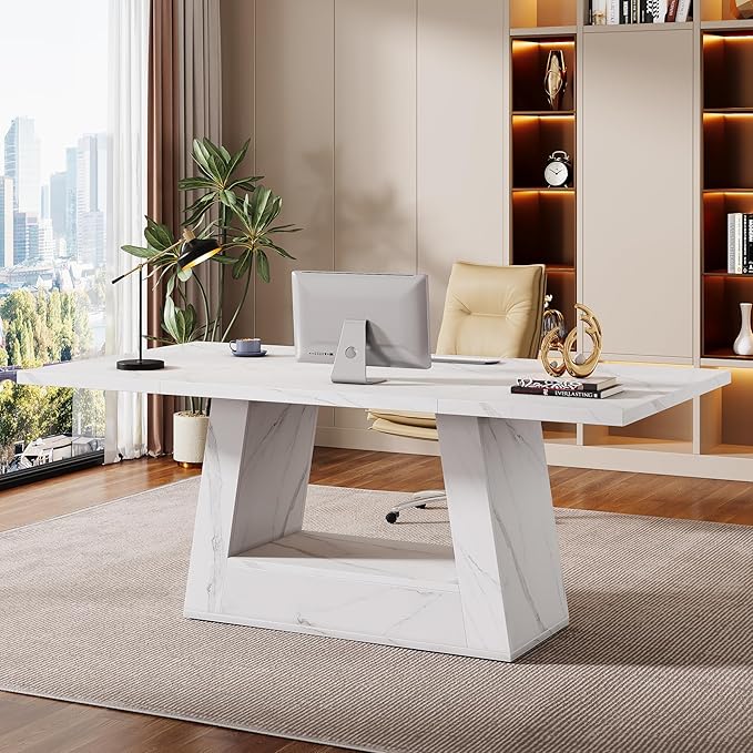 Tribesigns Modern Computer Desk, 63-Inch Large Office Desk Workstation, Simple Style Executive Desk Study Table with Sturdy Base, Wooden Faux Marble Writing Desk for Home Office, White