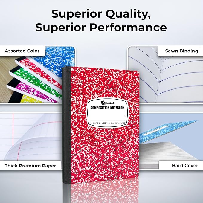100 Pack Composition Notebooks Bulk Wide Ruled, Bulk Color Marble | Bulk Marble Composition Notebook, 200 Pages (100 Sheets), 9-3/4 x 7-1/2, Hard Cover, Bulk Notebooks for Office & School