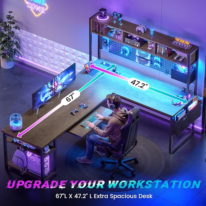 SEDETA L Shaped Gaming Desk with LED Lights and Pegboard for Home Office | Reversible 94.5" Computer Desk with Power Outlet, Keyboard Tray, Storage Shelves and Headphone Hook, Walnut Brown