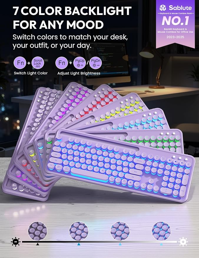 Wireless Keyboard and Mouse, Backlit Typewriter with Magnetic Wrist Rest | Phone Holder, Light Up Round Keycaps, Lighting Mouse, 2.4GHz Cordless Set for Mac, Windows, PC, Laptop, SABLUTE