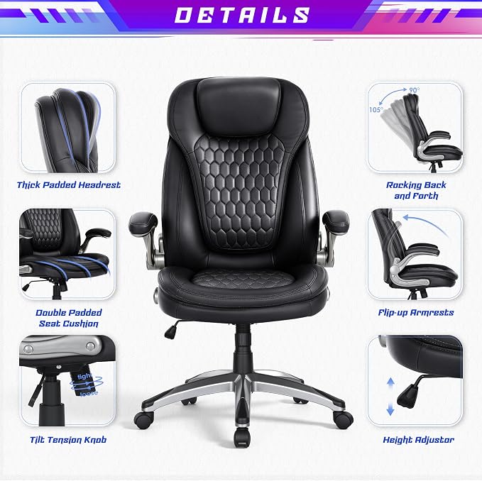 COLAMY Executive Office Chair with Thick Bonded Leather (Black-6686, Set of 2)