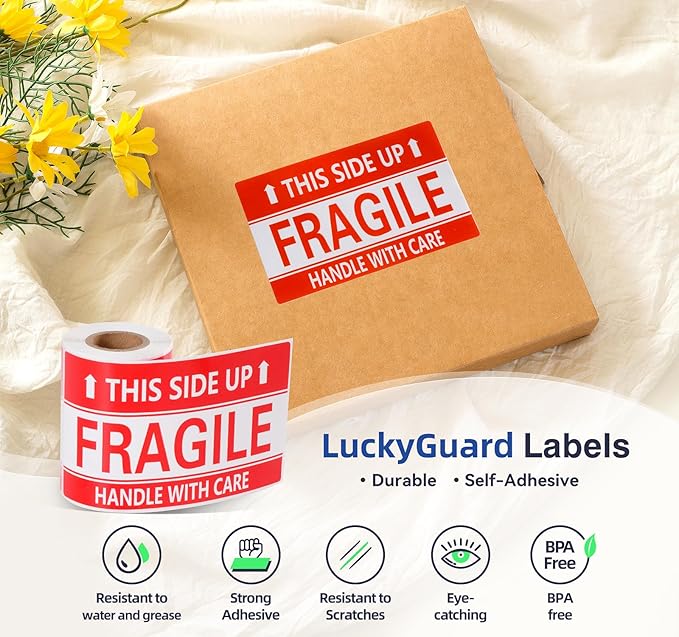 3x5 Inch Handle with Care This Side Up 100 Permanent Adhesive Fragile Stickers for Shipping Moving Glass Labels (1 Roll, 100 Labels)
