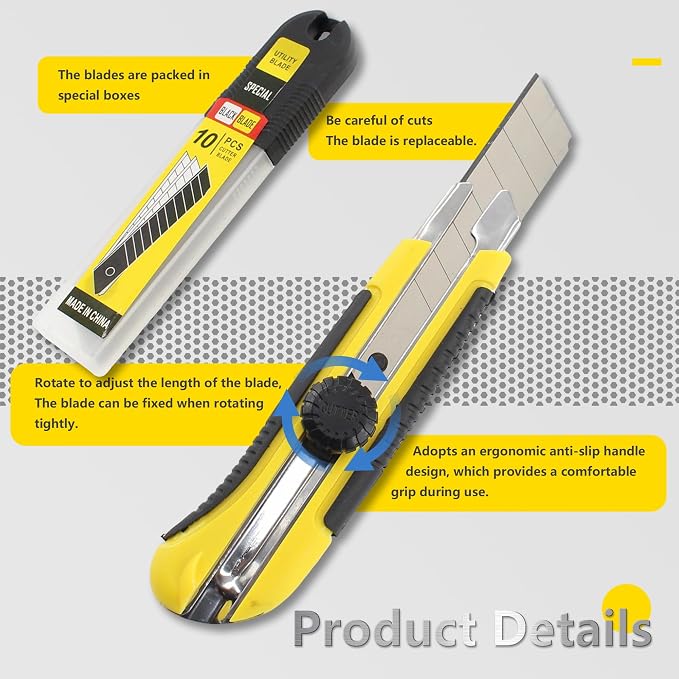 25mm Heavy Duty Utility Knife,10pcs SK5 Snap-Off Blades,Retractable Lock Box Cutter with Anti-Slip Rubber Grip for Office DIY