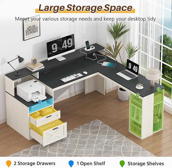 63" Farmhouse L Shaped Desk with Drawers & Storage Shelves for Home Office | Corner Desk with Outlets & LED Lights, L-Shaped Office Desks with File Drawer, Printer Shelf, Monitor Stand, Black & White