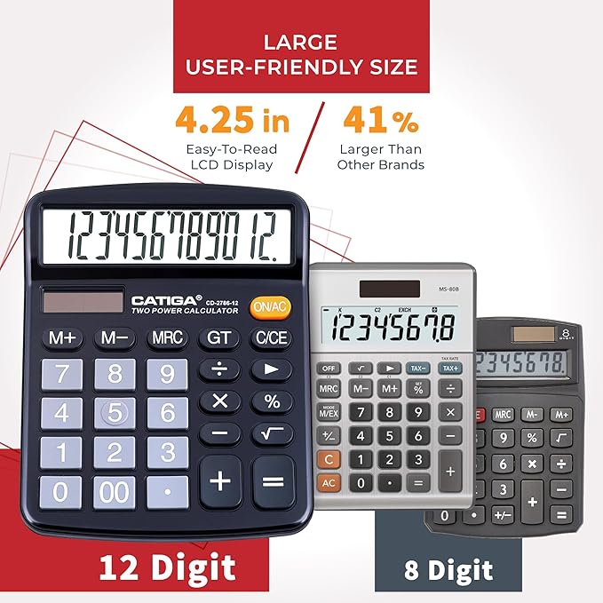 CATIGA Desktop Calculator, 12 Digit Large LCD Display, Dual Power, Sensitive Big Button, Standard Function Calculators for Office, School and Business, CD-2786 2 Pack, 2 Blacks