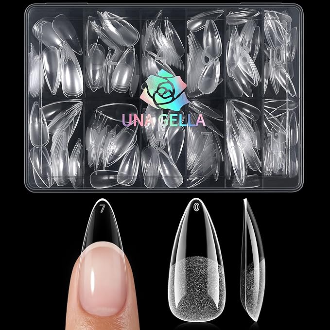 UNA GELLA Medium Stiletto Nail Tips, Pre Etched Stiletto Press on Nails, 240Pcs Clear Soft Gel Nail Tips Full Cover Fake Nails for DIY Art Salon At Home 12 Sizes
