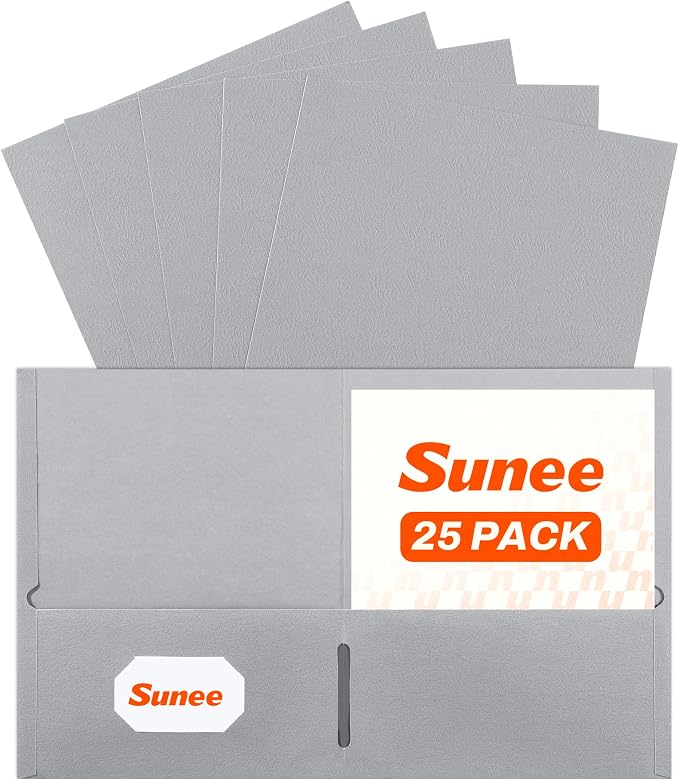 SUNEE Folders with Pockets (25 Pack, Gray), 2 Pocket Folders Fit Letter Size Paper, Paper File Folder for School Office Home Bussiness