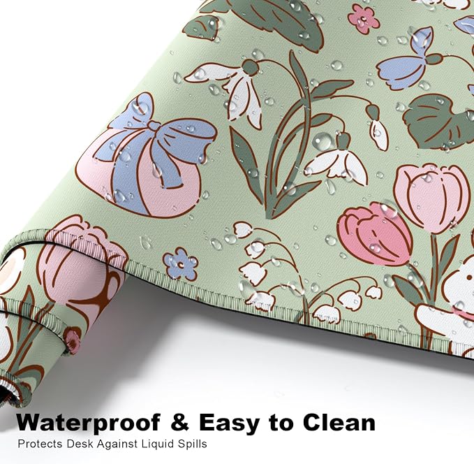 Desk Mat, Large Gaming Mouse Pad, 32" x 12", Cute Floral Bunny | Waterproof Desk Pad, Non-Slip Rubber Base, Desktop Mat with Stitched Edges, Desk Accessories for Office, Work, Home
