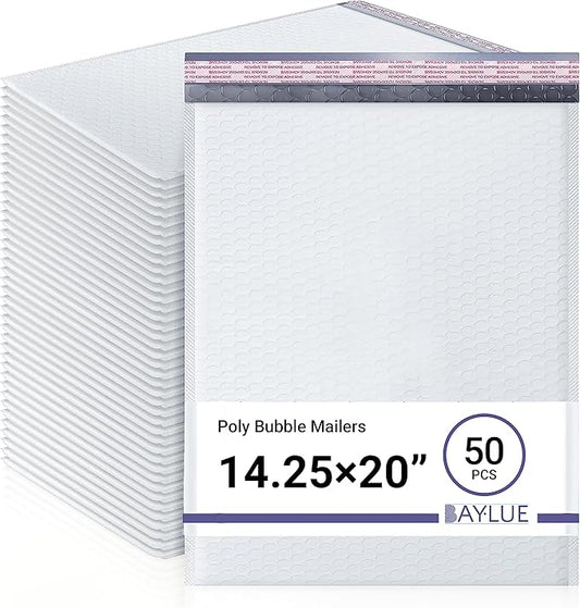 White Extra Large Poly Bubble Mailers 14.25x20 inch #7 | Self Seal Large Padded Envelopes | Air Cushioned Bubble Mailer | Usable Size 14.25x19 |Lightweight Mailing Shipping Bags | 50 Pack Bulk