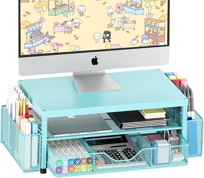 Desk Organizer and Accessories, 2-Tier Computer Monitor Stand Riser with Drawer and 2 Pen Holders, Laptop Stand, Office Desk Accessories for Office Supplies, 1 Pack, Teal Blue