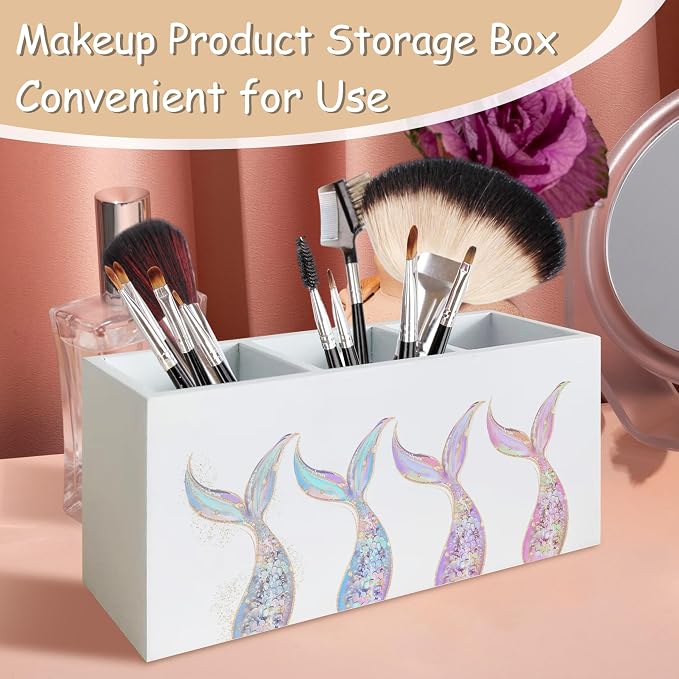 Mermaid Gifts for Girls Women, Pastel Mermaid Beach Pen Pencil Holder Organizer for Desk, Coastal Ocean Wooden Box Block Sign for Home Classroom Dorm Office Tabletop Decor