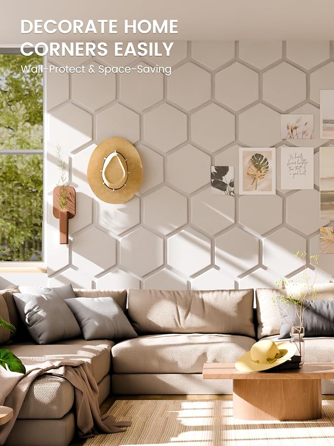 Fluxynara 8-Pack Hexagon Felt Bulletin Board Tiles, Milky White | Cork Board Alternative with 50 Adhesive Tabs for Notes, Photos and Reminders in Home Offices, Dorm and Classrooms