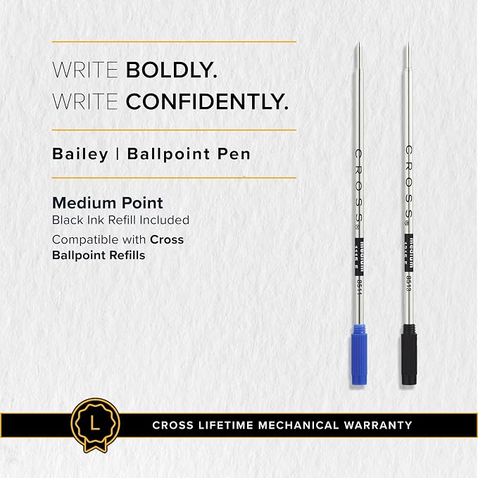 Cross Bailey Matte Black Lacquer Ballpoint Pen, Medium Point, Black Ink | Ballpoint Pen, Refillable for Long-Lasting Use, Smooth Ink Flow, Comfortable Grip, Premium Gift Box, Medium Point Refill