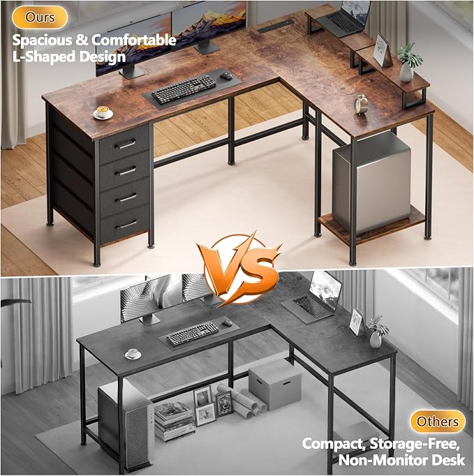 Korfile 59 inch L Shaped Computer Desk with Power Outlets, Rustic Brown | Ideal for Home Office, Bedroom, Corner, 4 Adjustable Storage Drawers, 2 Monitor Stands, Reversible, Two Person Gaming Table