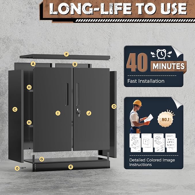 Metal Storage Cabinet with Locking Doors, Lockable Steel Storage Cabinets with 2 Doors and Shelves, Black Metal Cabinets with Lock, Small Steel Cabinet for Office, Garage, Home, Shop