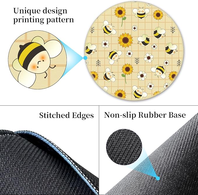 Hancynir Floral Bee Round Mouse Pad, Small Mousepad for Laptop Desk Office | Mouse Mat for Computer, Non-Slip Rubber Base, Office Desk Decor, Gifts for Work Coworker Teacher, 8.6 Inch, Stitched Edges