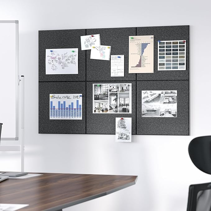 Large Cork Board for Wall, 36" x 24" Bulletin Board with Pushpins, 6 Panels Felt Tiles Tack Push Pin Board for Office, Dark Gray